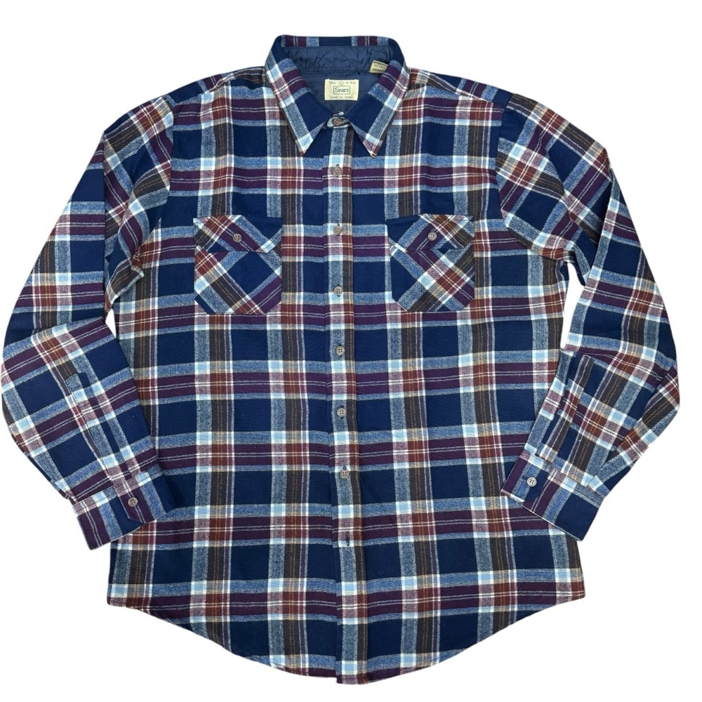 Vintage Sears Plaid Flannel Shirt Men’s Size L Navy Blue Retro 70th 80th